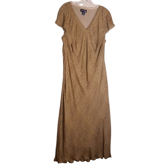 Vintage Silk Tan Ditzy Print Cap Sleeve Midi Dress 18/20 - Picture 1 of 8